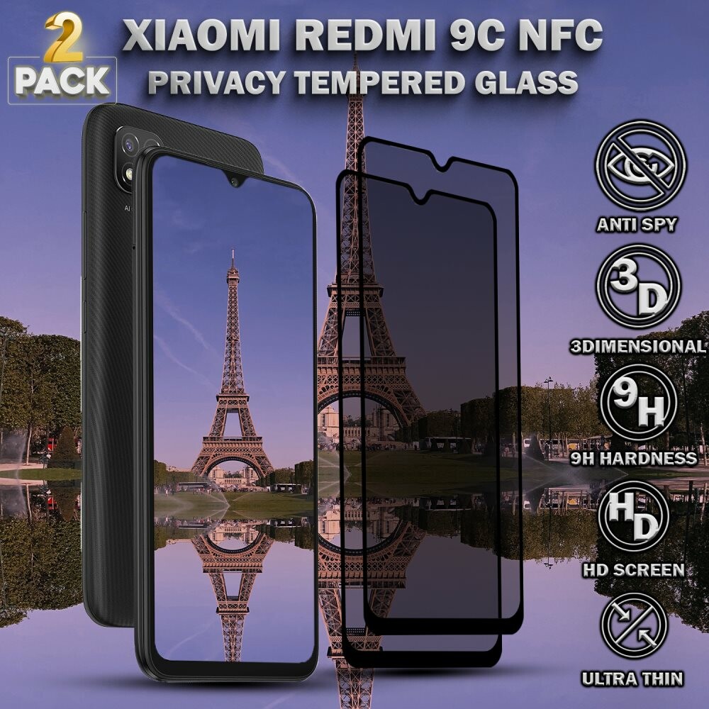2-Pack Privacy Skärmskydd For Xiaomi  Redmi 9C NFC - Härdat Glas 9H - Super Kvalitet 3D