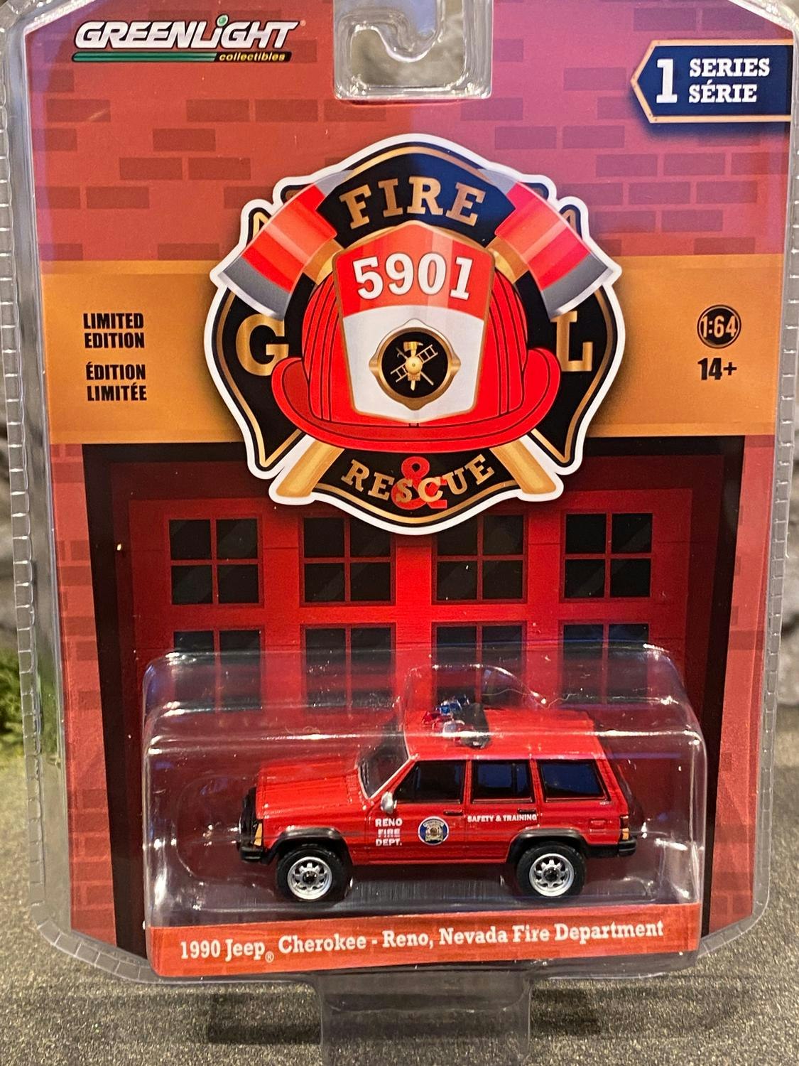 Skala 1/64 Jeep Cherokee 1990' Reno Nevada Fire Dept. fr Greenlight Lmt ed