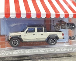 Skala 1/64 Jeep Gladiator Rubicon + Indian Scout 20' "Hobby Shop" fr Greenlight