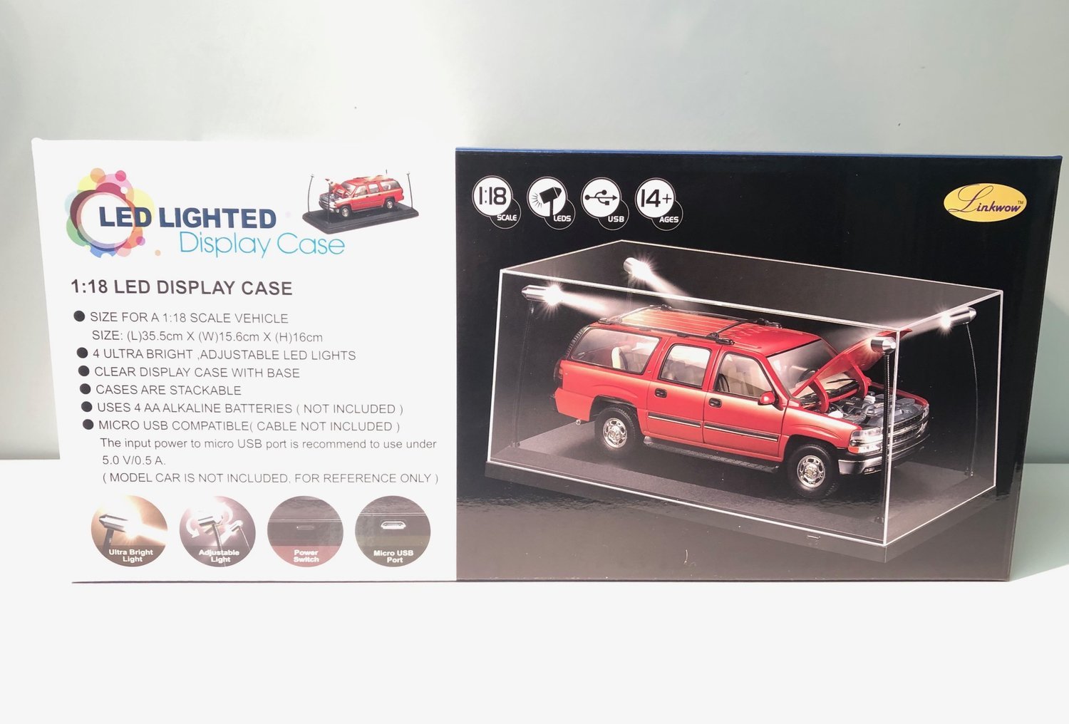 Skala 1/18 STORSÄLJARE! Display Case med LED belysning för modellbilar, SVART