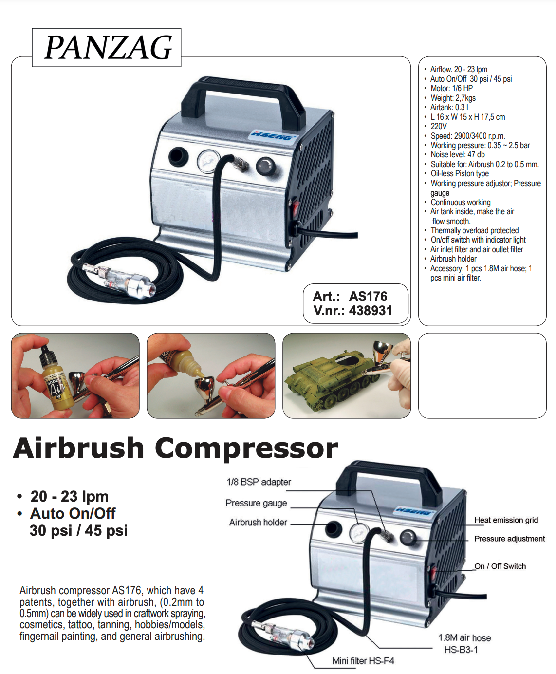 Kompressor till Airbrush  AS176 - 438931 fr Panzag