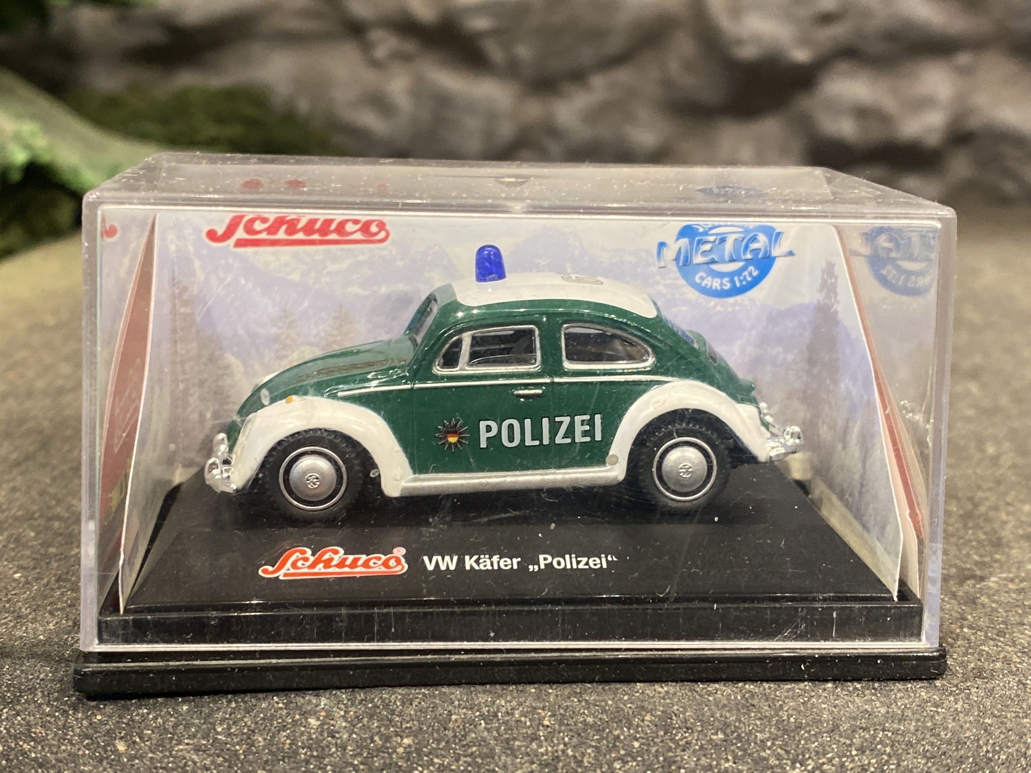 Skala 1/72 Volkswagen Käfer Polizei, Tysk Polisbil Bubbla, från Schuco