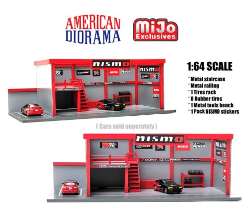 Skala 1/64: Stort Garage "Nismo" - Byggsats AD-76530 fr. American Diorama MiJo