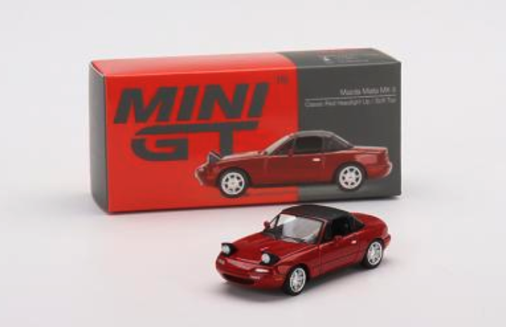 Skala 1/64 Mazda Miata MX-5 (NA) kl Röd, m lamporna uppe & Soft Top fr MINI GT