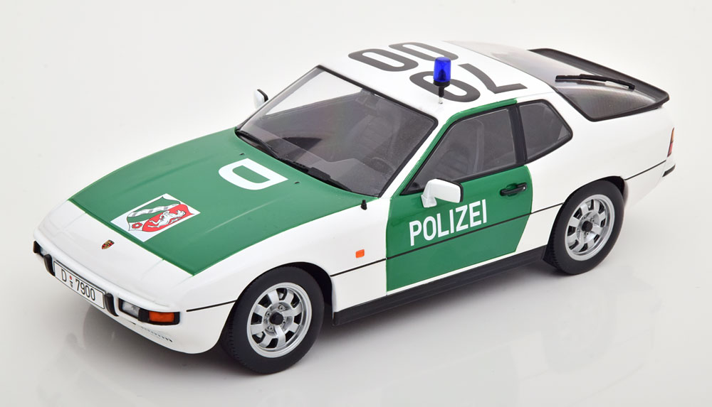 1/18 Porsche 924 POLIZEI 1985, Autobahnpolizei Düsseldorf Vit/grön Polisbil fr KK-scale