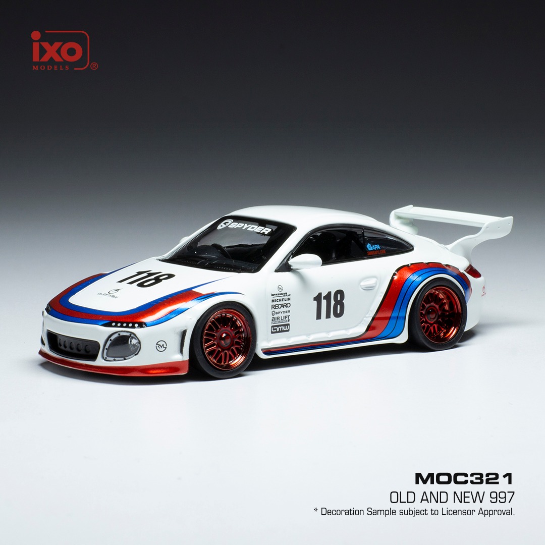 NYHET!!! Skala 1/43 Porsche 911 (997) Old & New, Vit m blå/röd stripes IXO Models