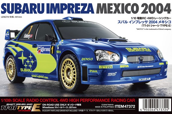 Skala 1/10 Subaru Impreza Mexico 2004 m TT-01 Type E Chassi från Tamiya