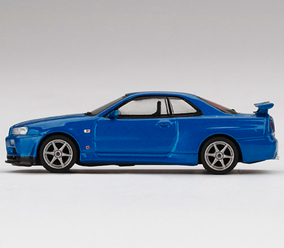Skala 1/64  Nissan Skyline GT-R (R34) V-Spec II Bayside Blue fr Mini GT