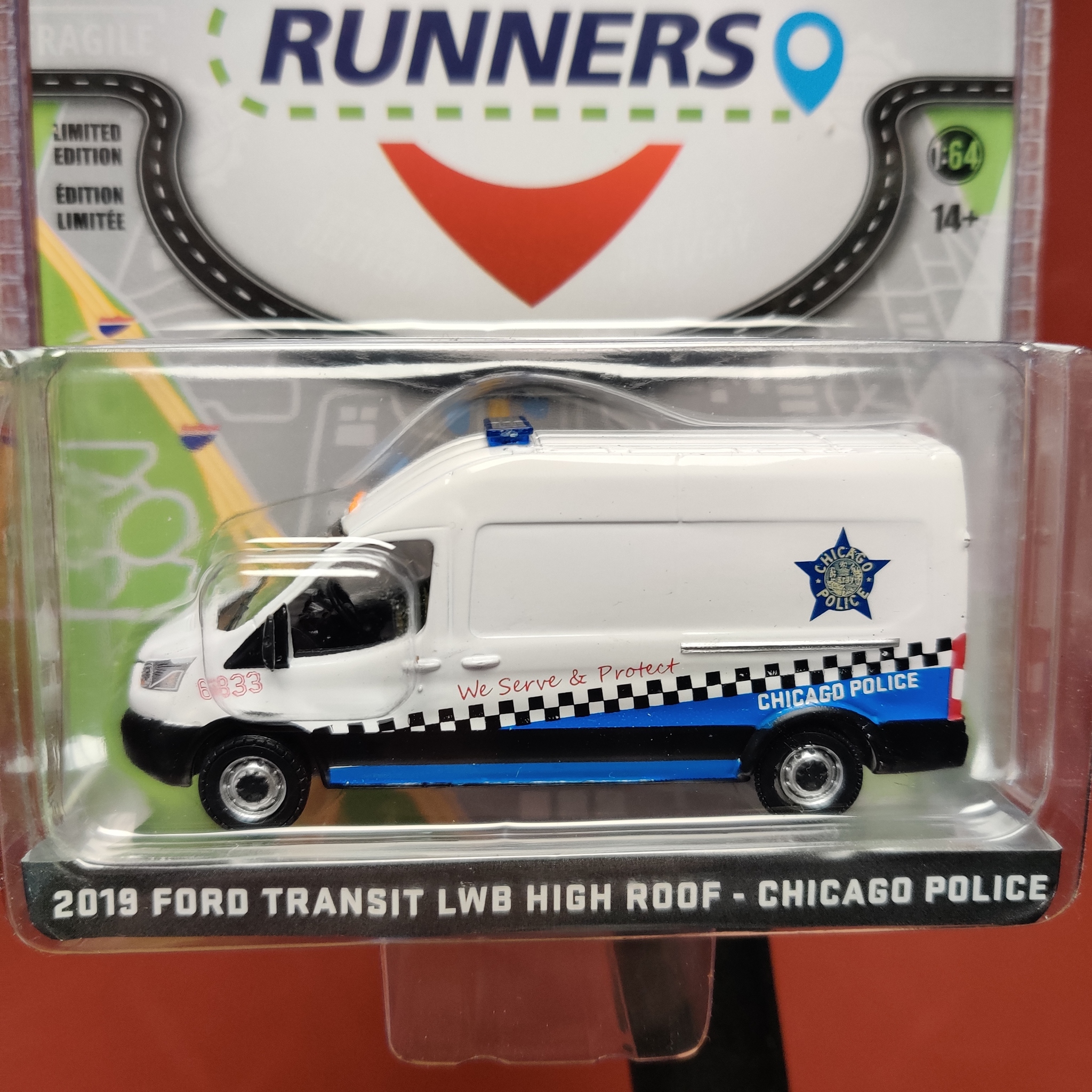 Skala 1/64 "Route Runners" - 2019 Ford Transit LWB High Roof "Chicago Police", fr Greenlight