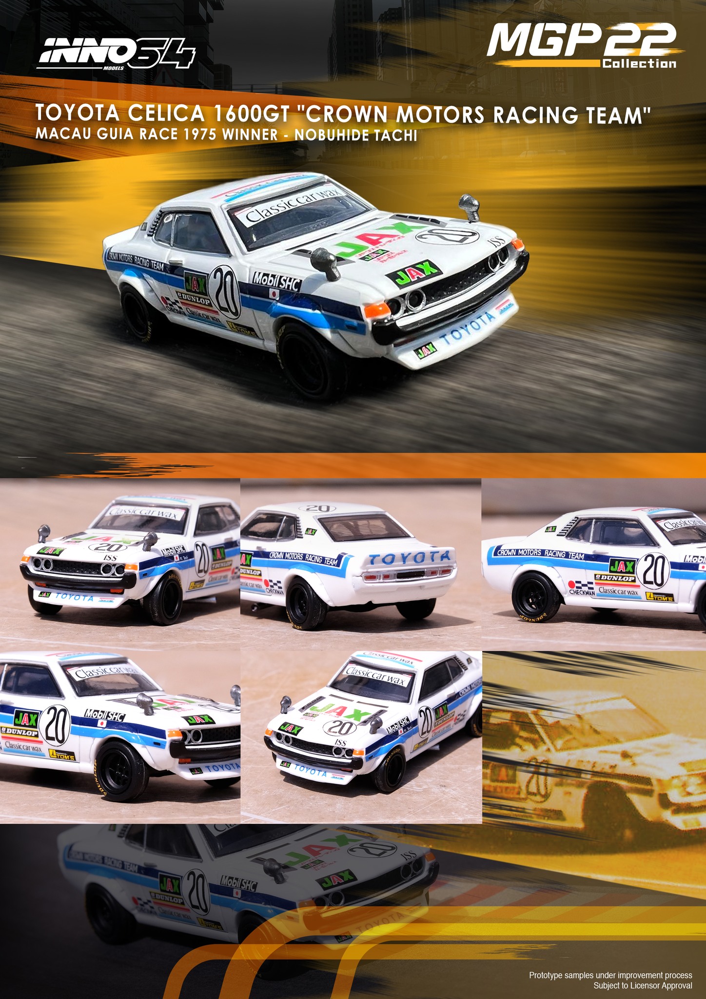 Skala 1/64 Toyota Celica 1600ST #20 Crown Motors Racing Team fr Inno64