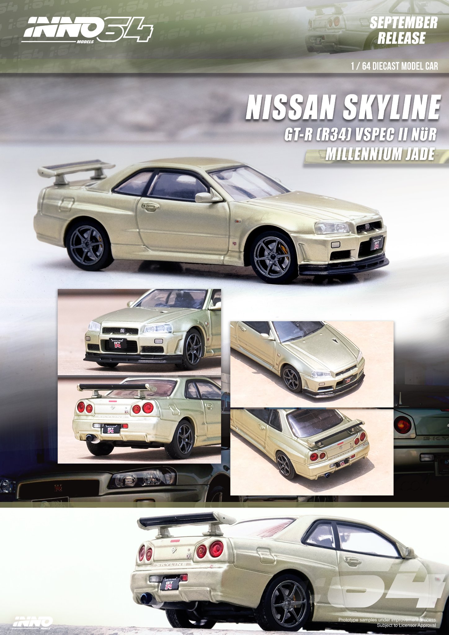 Skala 1/64 Nissan GT-R (R34) V-Spec II, Nür Millenium Jade fr Inno64