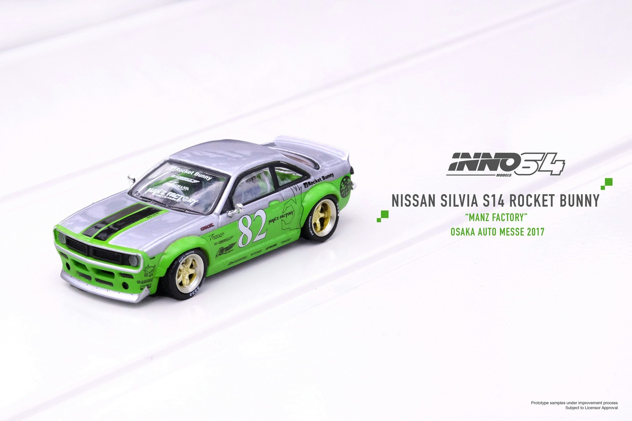 Skala 1/64 Nissan (S14) MANZ FACTORY, Osaka Auto Messe. 2017, Green/silver fr Inno64