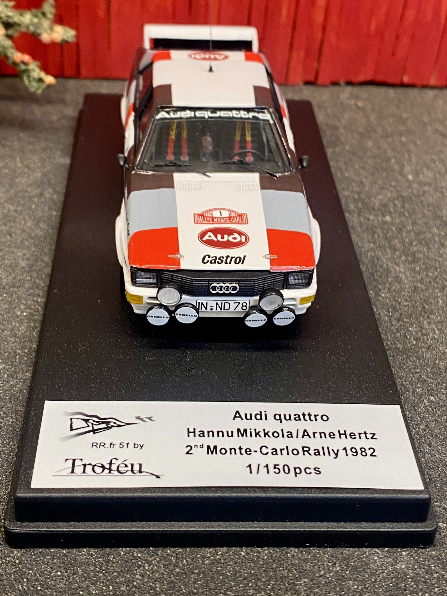 Skala 1/43 Audi quattro, No.1, Rallye WM, R Monte Carlo, H.Mikkola/A.Hertz 82 f Troféu