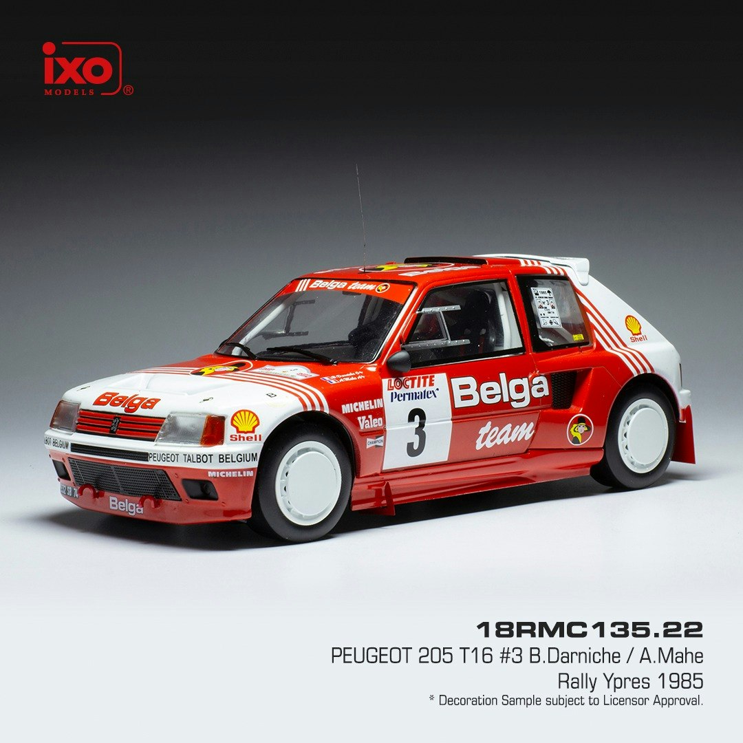 Skala 1/18 PEUGEOT 205 T16 #3 B.Darniche / A.Mahe Rally Ypres 1985 fr IXO Models