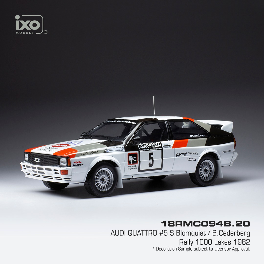 Skala 1/18 AUDI QUATTRO #5 S.Blomquist/B.Cederberg Rally 1000 Lakes 82' IXO Models