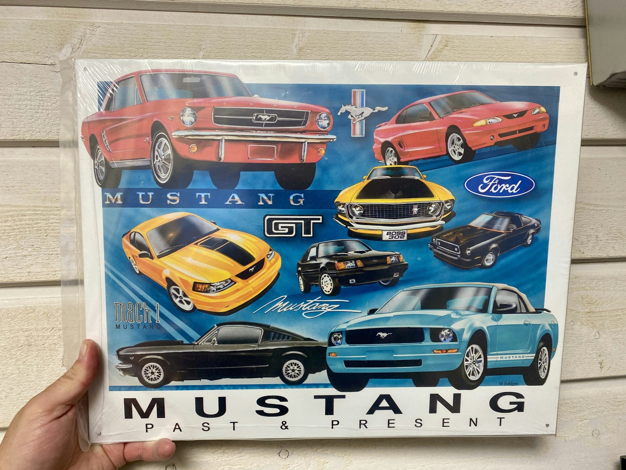 Plåtskylt/Tin sign: 32 x 42 cm Motiv: Ford Mustang GT Collage Past & Present