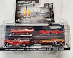 Skala 1/64 GreenLight Hollywood "Hitch & Tow": Chevy Silverado 20', Chevy Nova Yenko SC 427 69', Flatbed Trailer