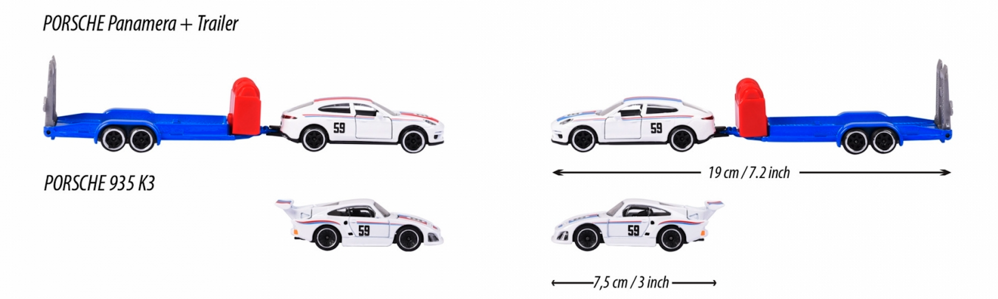 NEW! Skala 1/64 fr Majorette - Porsche Race Trailer, Panamera + 935K3