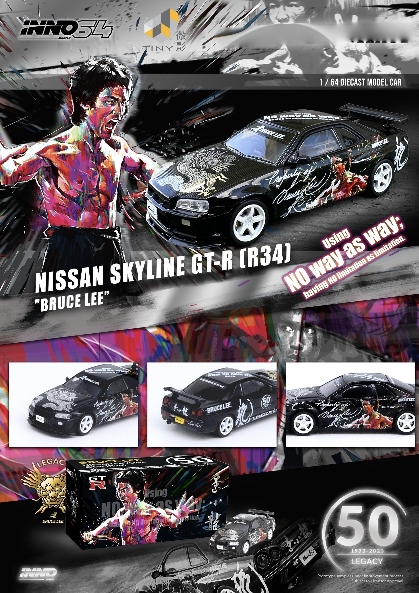 Skala 1/64 Nissan Skyline GTS-R R34, Bruce Lee 50th Anniv. bl fr Inno64/Tiny