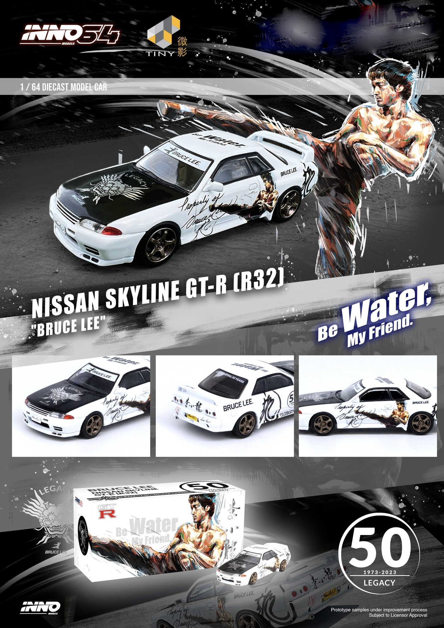 Skala 1/64 Nissan Skyline GT-R R32, Bruce Lee 50th Anniv. Wh. fr Inno64/Tiny