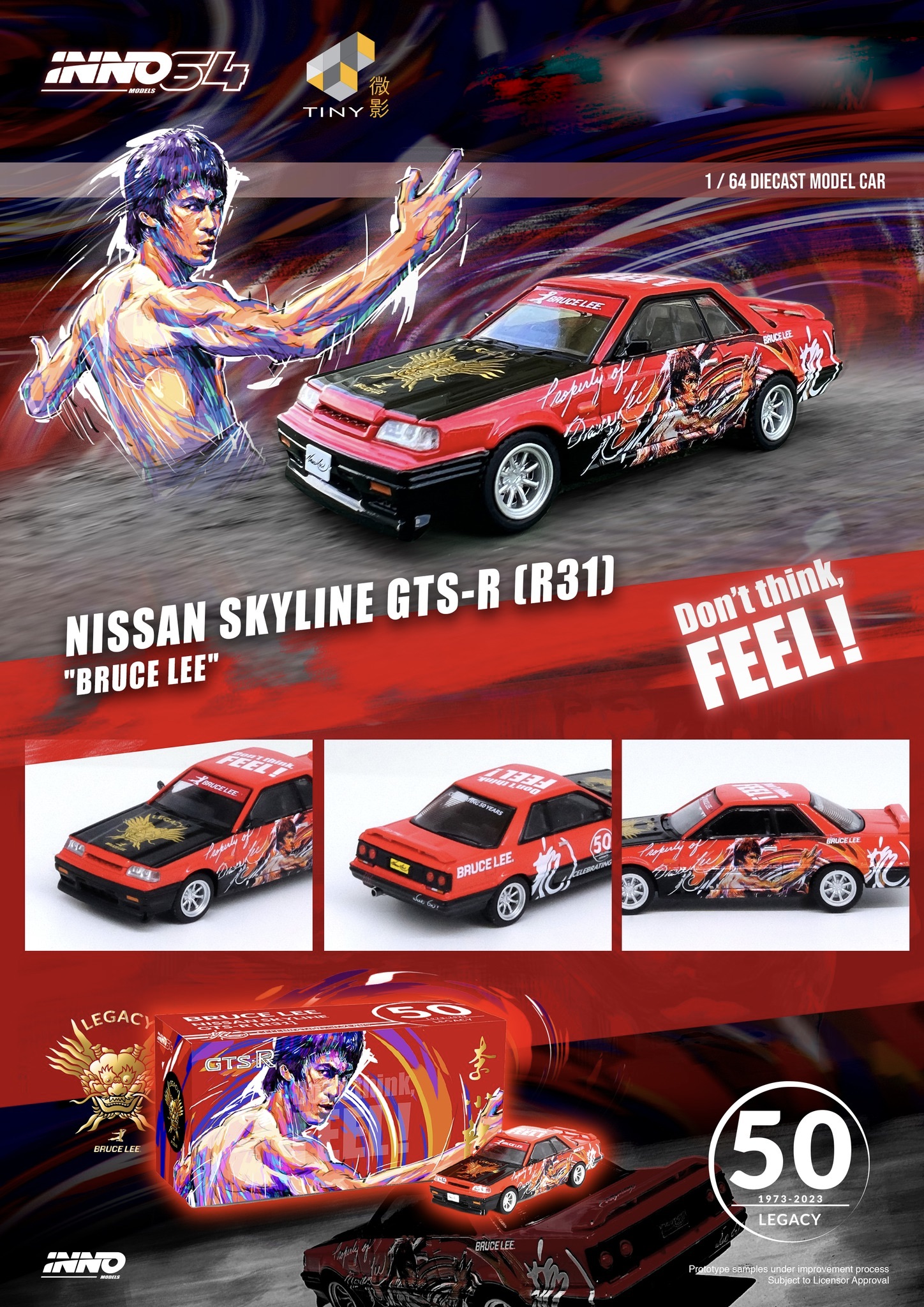 Skala 1/64 Nissan Skyline GT-R R31, Bruce Lee 50th Anniv. Red. fr Inno64/Tiny
