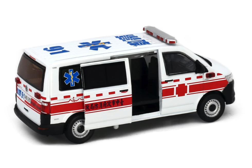 Skala 1/64 VW T6 Transporter Taiwan Fire Bureau Ambulance fr Tiny Toys