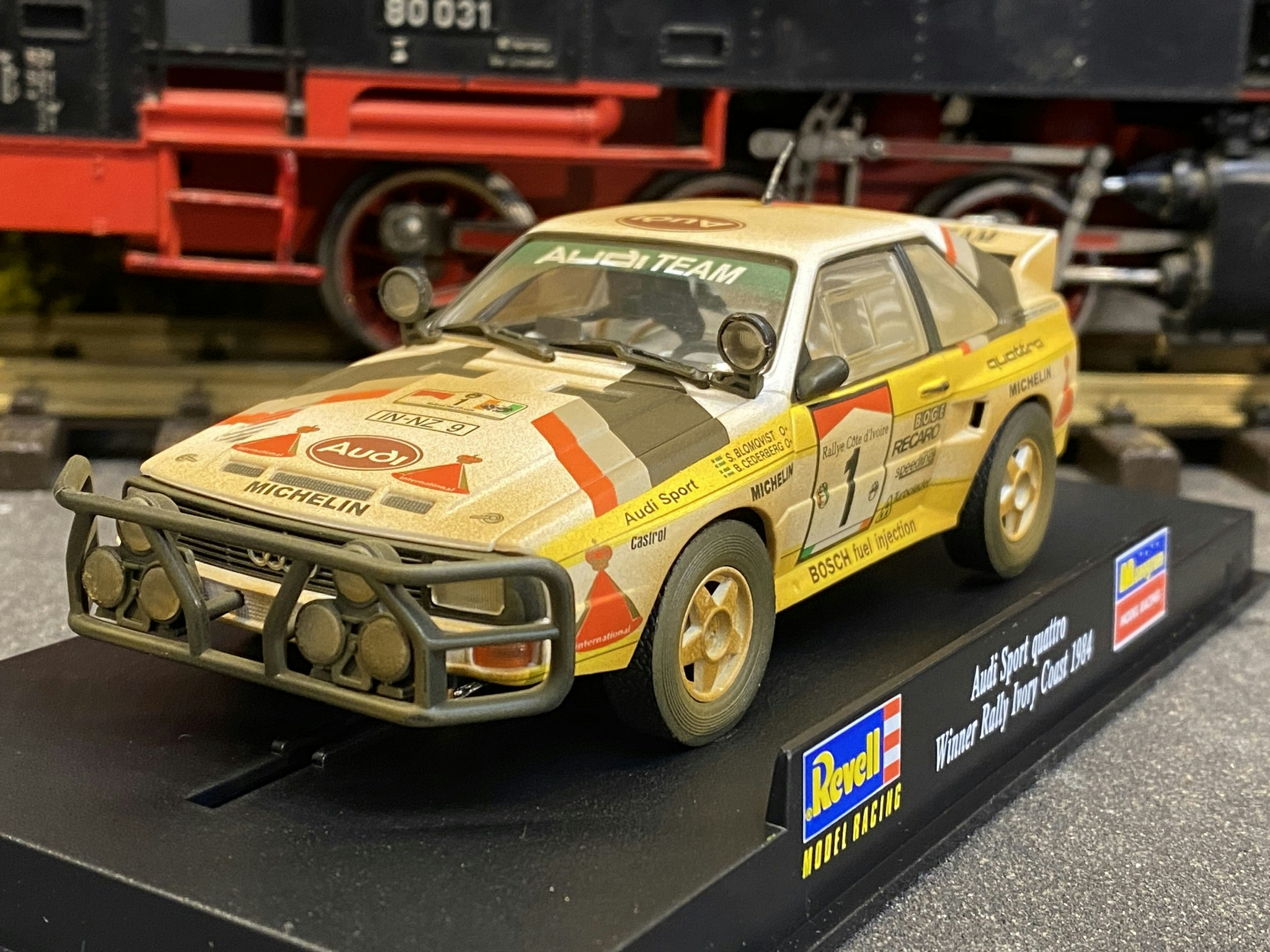 Skala 1/32 An. Slotcar fr Revell: Audi Sport Quattro, Ivory Coast 1984 (Wethered)