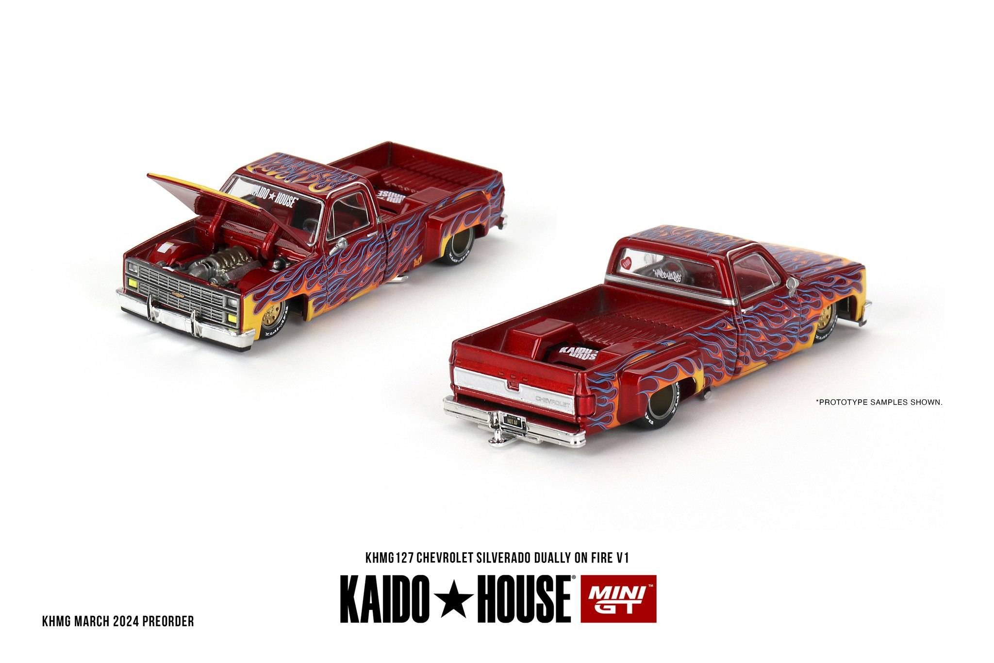 Skala 1/64 Chevrolet Silverado Dually on Fire V1 fr Mini GT (KHMG127)