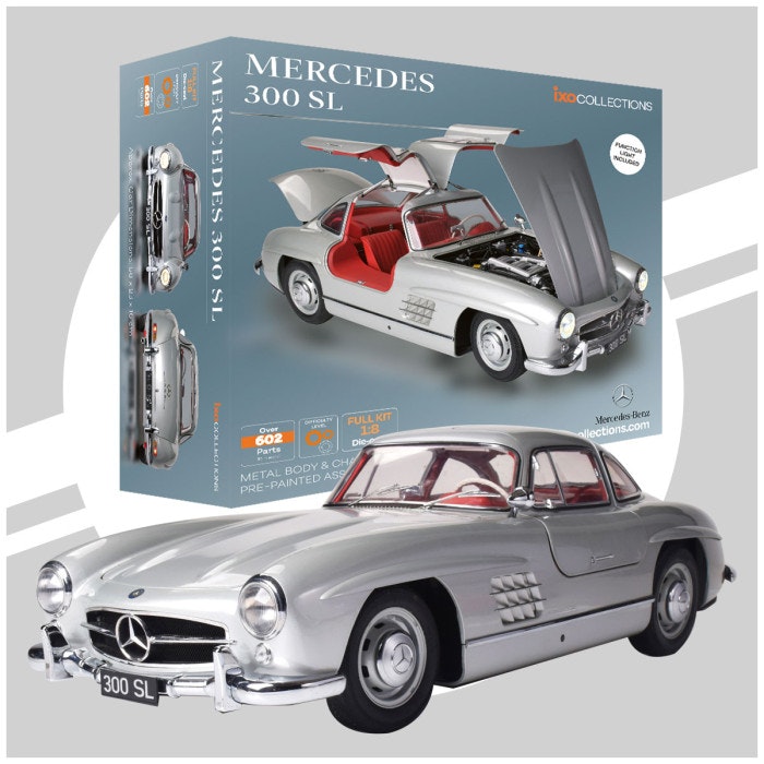 Skala 1/8 Mercedes 300 SL Gullwing Silver in metal, w light, etc. fr Ixo Collections