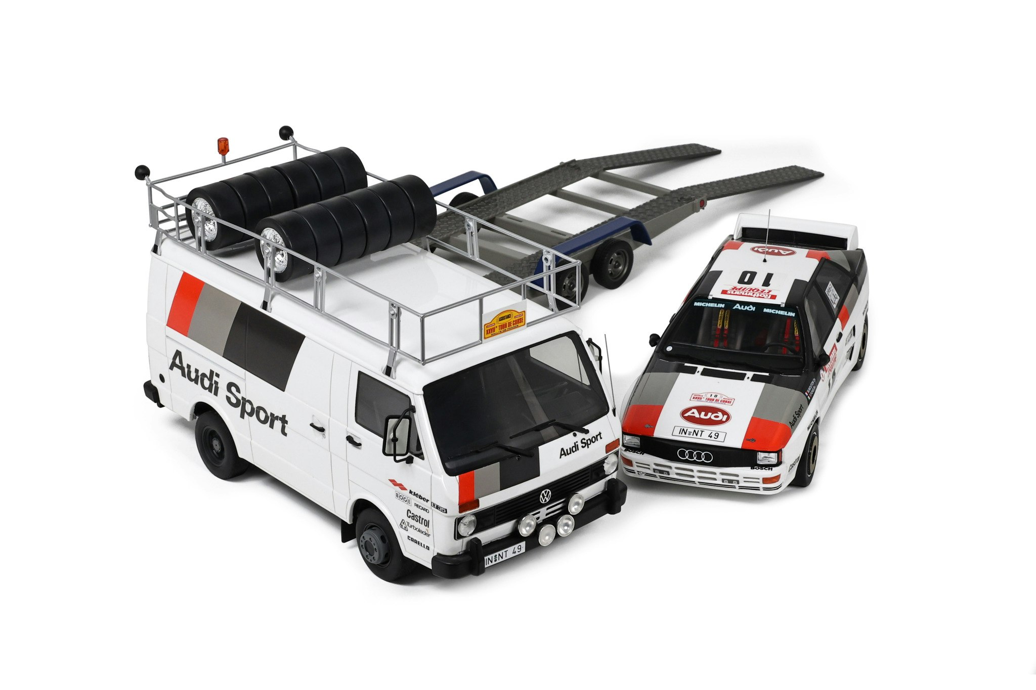 Skala 1/18 3-pack VW LT35 + Audi Quattro A2 + Trailer OT418 fr Otto Mobile