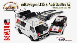 Skala 1/18 3-pack VW LT35 + Audi Quattro A2 + Trailer OT418 fr Otto Mobile