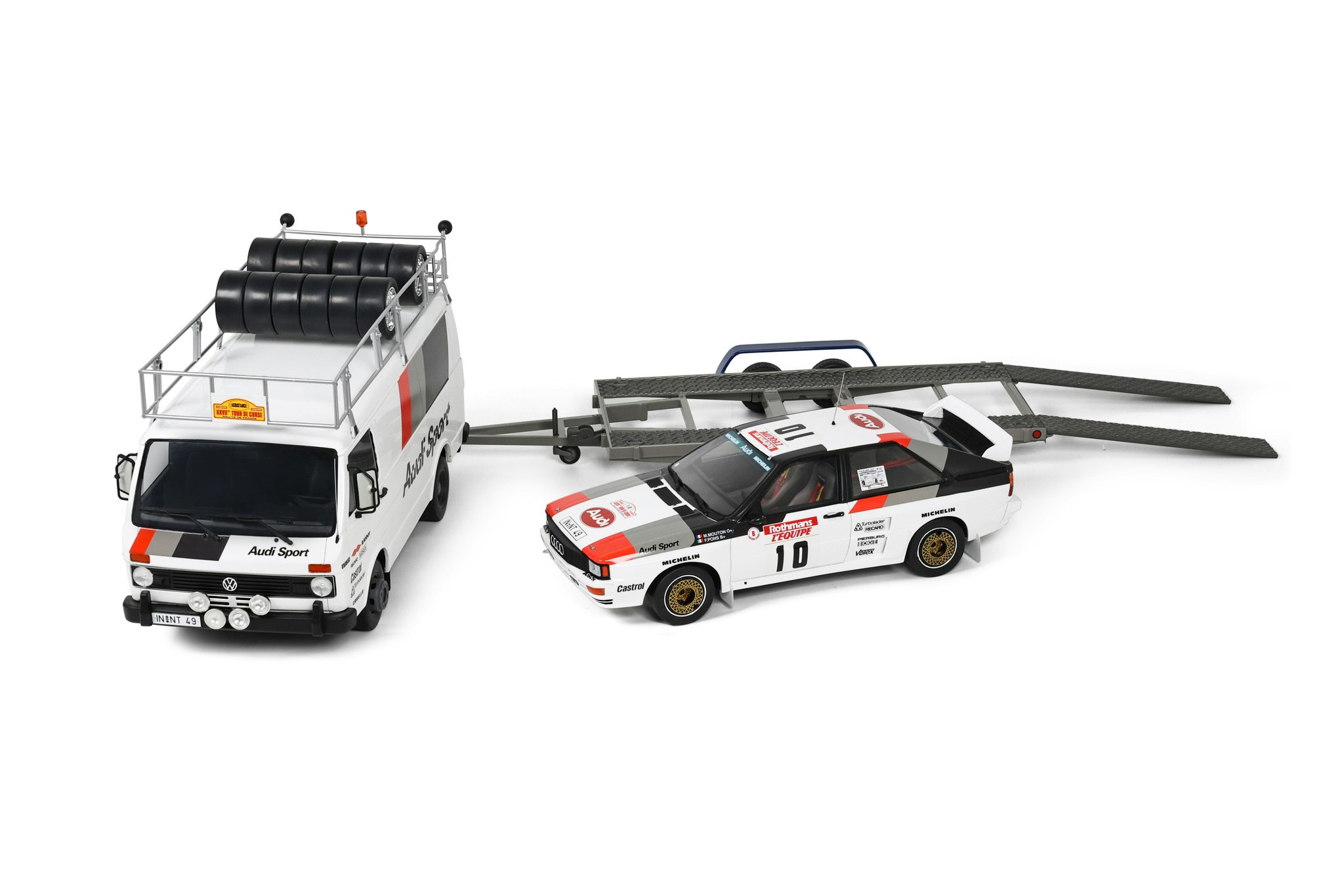 Skala 1/18 3-pack VW LT35 + Audi Quattro A2 + Trailer OT418 fr Otto Mobile