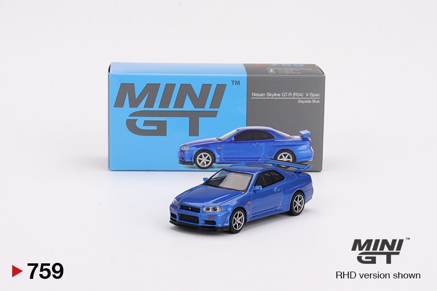 Skala 1/64 Nissan Skyline GT-R (R34) V-Spec Bayside Blue fr MINI GT (759)