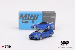 Skala 1/64 Nissan Skyline GT-R (R34) V-Spec Bayside Blue fr MINI GT (759)
