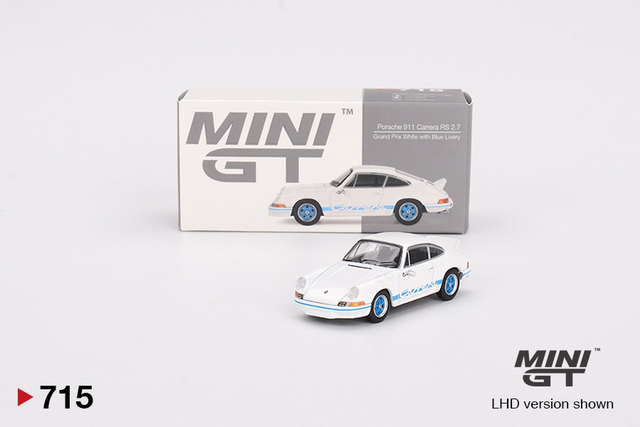 Skala 1/64 Porsche 911 Carrera RS 2.7 Grand Prix White with Blue Livery fr MINI GT (715)
