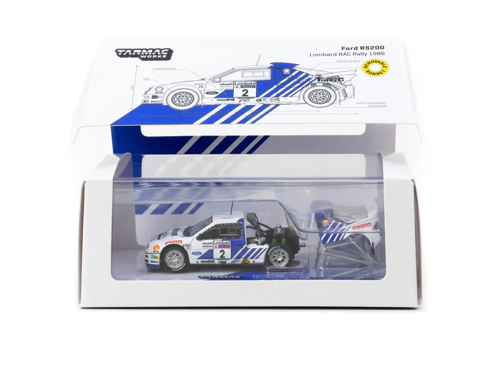 Skala 1/64 Ford RS200 Lombard RAC Rally 1986, Blomqvist/Berglund fr TARMAC works