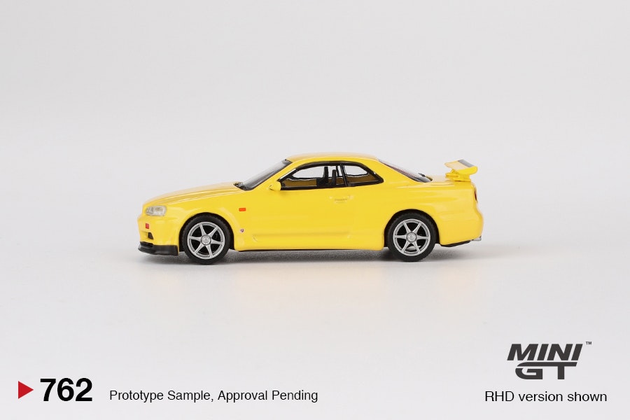 Skala 1/64 Nissan Skyline GT-R (R34) V-Spec Lightning Yellow fr MINI GT (762)