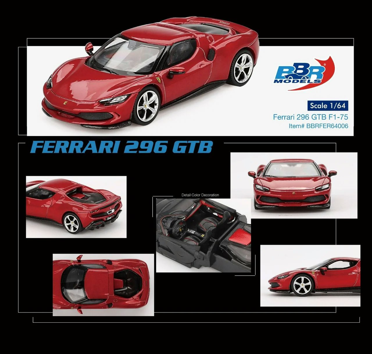 Skala 1/64 Ferrari 296 GTB, Rosso Imola fr BBR Models (BBRFER64006)