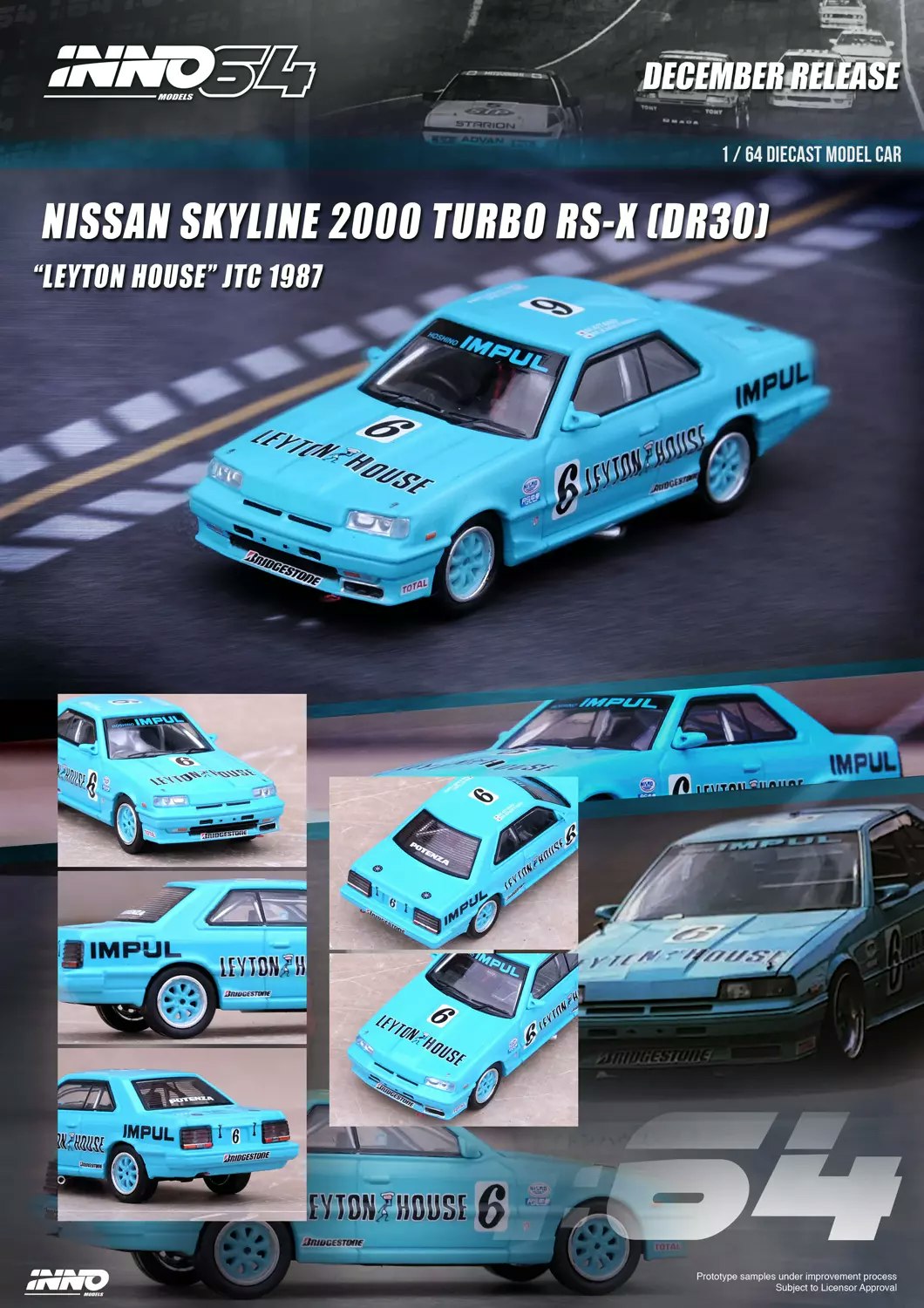 Skala 1/64 Nissan Skyline 2000 RS-X Turbo (DR30) #6 Leyton House JTC 87' fr Inno64