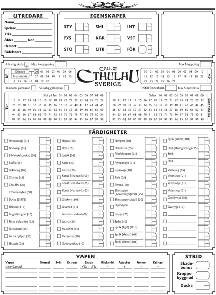 Call of Cthulhu Sverige Rollformulärsblock