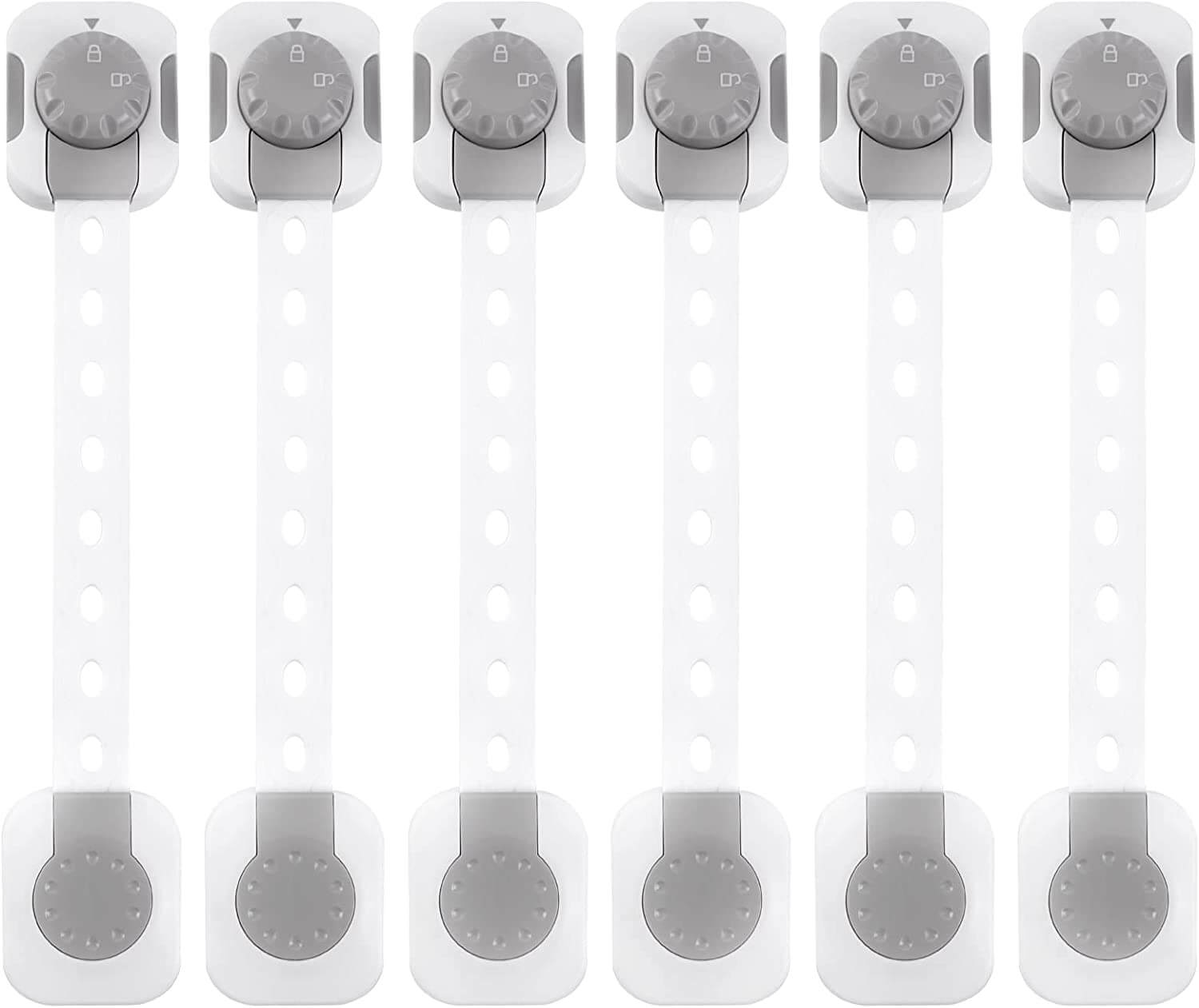 sex stycken vita och grå barnlås med dubbla lås