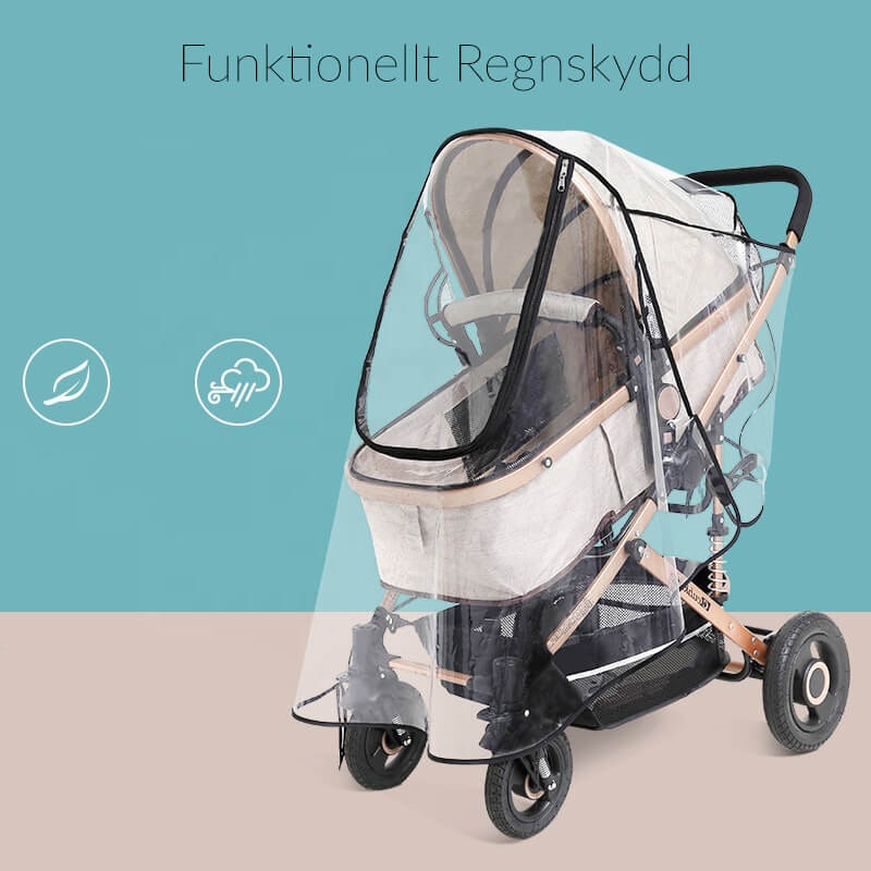 Transparent regnskydd på en barnvagn