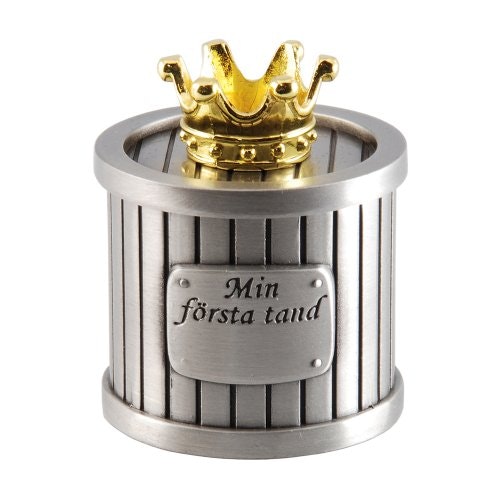 Tanddosa D4,2cm m förgylld krona på locket tennfinish