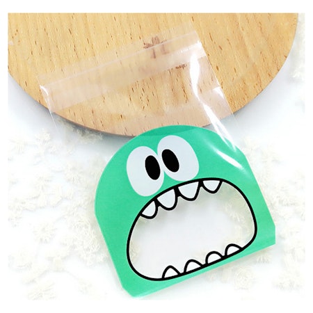 Cellofanpåsar med grönt monster, 10x7cm (10st)
