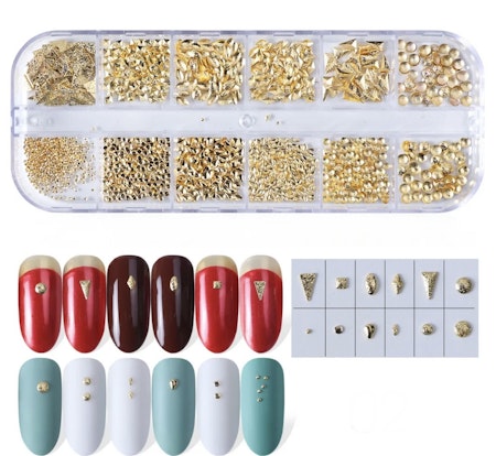 Ask med nail art, 12st modeller guldmetall