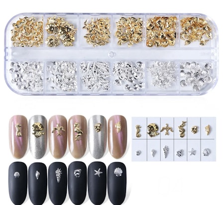Ask med nailart, 12st modeller guld&silvermetall