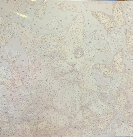 Painting by numbers, katt med fjärilar, 40x40cm, med trästomme.