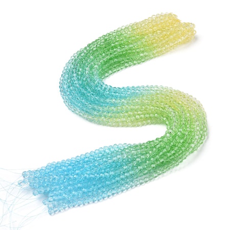 Sträng runda slipade gradient glaspärlor, 4mm, gul/grön/blå (90st)