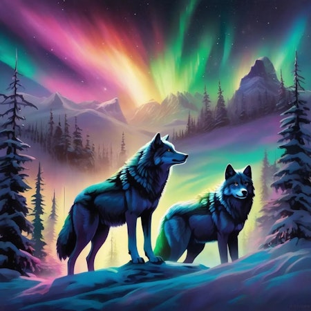 Painting by numbers, vargar i norrsken, 40x40cm, med trästomme.
