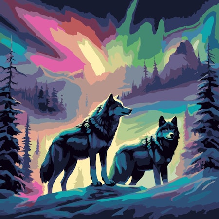 Painting by numbers, vargar i norrsken, 40x40cm, med trästomme.